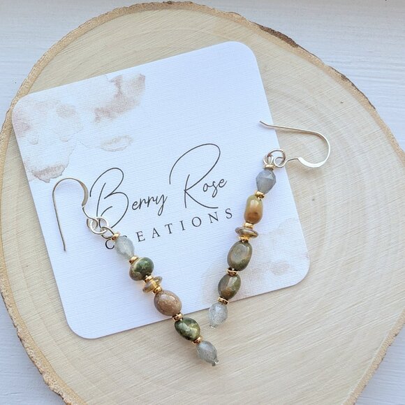 Silver Green Rhyolites and labradorites Handmade Drop Earrings - Picture 4 of 6